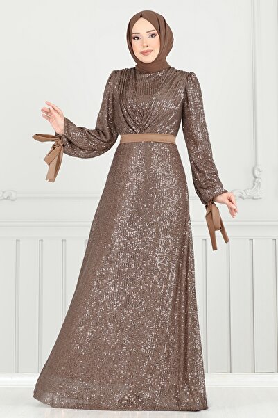 ModaMerve Göğsü Drapeli Tesettür Abiye 5690EDF311-MS Koyu Vizyon