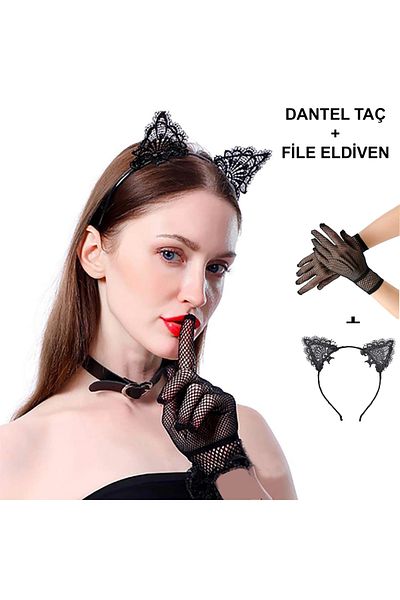 Eldenör Black Cat Lace Crown + Gloves Set – Party, Dance and Costume Combination