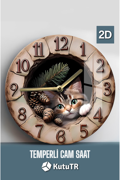kutuTR Sevimli Kedi Temalı Temperli Cam Saat – 33x33 cm CSDW007