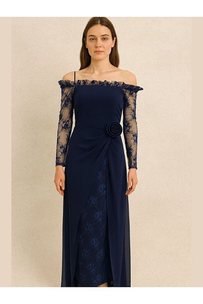 Nice Model Elegant Lace Off-Shoulder Evening Dress Long Sleeve Formal Gown Rose Detail Front Slit Chiffon