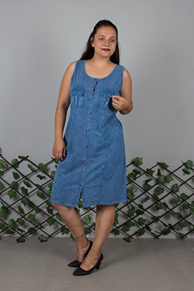 Truva XXL Large Size Sleeveless Front Button Detailed Washable Cotton Blue Dress