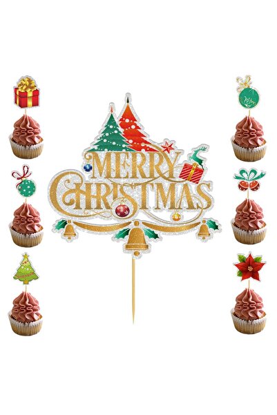 Flippy Set decoruri pentru tort și patiserie, temă de Crăciun, dimensiune mare „Crăciun fericit” 15,5x14,3 cm + 6 mici (5x)