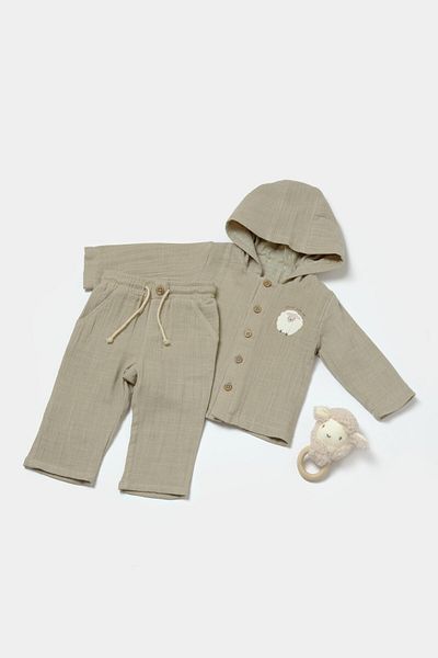 Magu Unisex Baby Cotton Green Muslin Hooded Jacket and Pants Set – Sheep Embroidery Detail