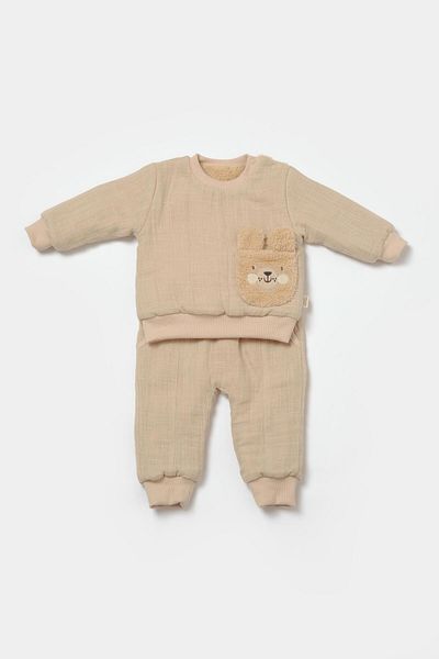 Magu Unisex Baby Cotton Light Beige Muslin Fleece Lined Set – Teddy Bear Pocket Sweatshirt & Sweatpants