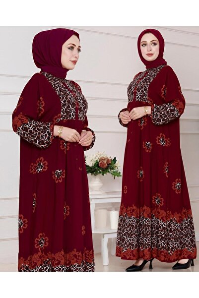 Moda Makkon KADIN LEOPAR DESEN DÜZ RENK TESETTÜR ELBİSE
