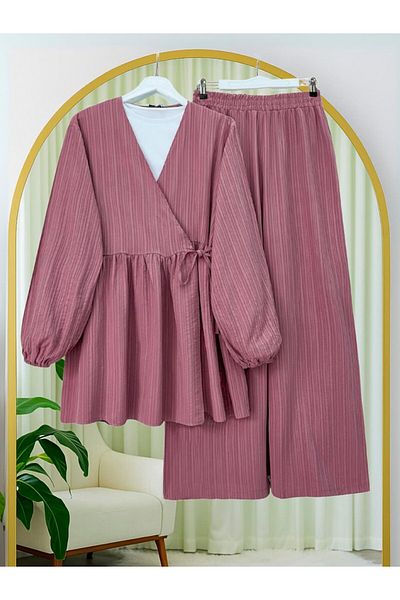 Modamorfo Tunic with Tie Inside and Wide Leg Trousers Set - Cherry