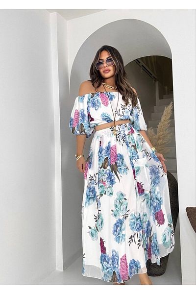 369 etnik butik Floral Print Off-The-Shoulder Crop Blouse and Long Skirt Set – 3 Color Options