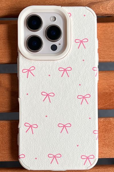 EDELFU iPhone 16 Pro - Bow Pattern Cream Case - Soft Silicone, Embossed Leather Texture Cover