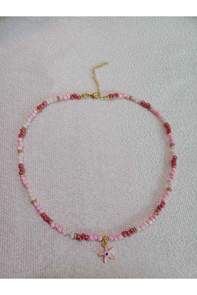 MODA MANANI Elegant Star Evil Eye Detailed Necklace in Shades of Pink Bead Color