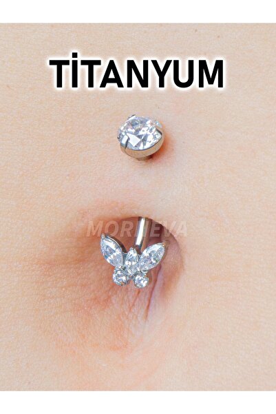 MORNEVA Titanyum Kristal Kelebek Taşlı Minimal Göbek Belly Piercingi