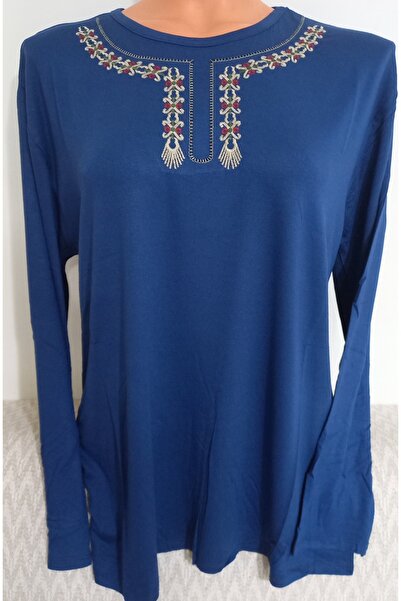 Anne Er Clothing Combed Cotton Blouse Long Sleeve Crew Neck Embroidery K.Blue