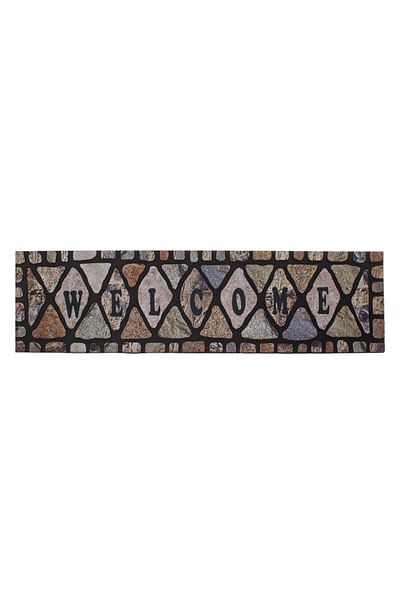 TOPI TOY Entrance doormat, black with multicolor stone print and Welcome message, 90×24 cm