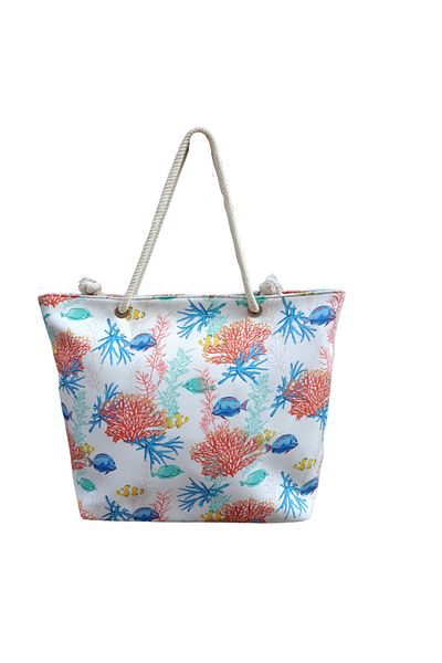 fancykidsantalya Women's Beach Bag with Zipper, Lined Pocket, Sea Creatures Illustration, Soft Rope Handle