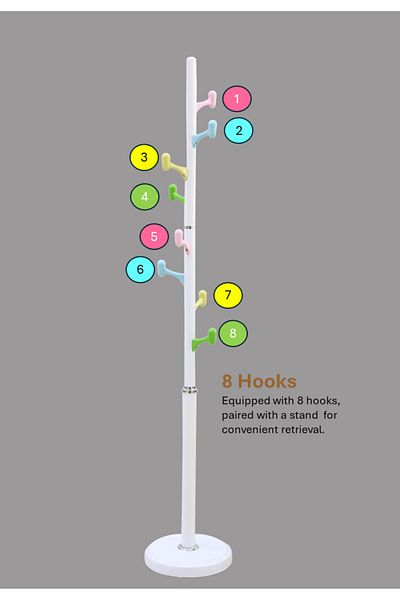 Arfan Freestanding Coat Rack – Metal Clothing Hanger with 8 Multi-Color Hooks