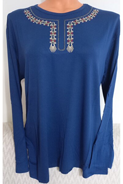 Anne Er Clothing Combed Cotton Blouse Long Sleeve Crew Neck Embroidery K.Blue