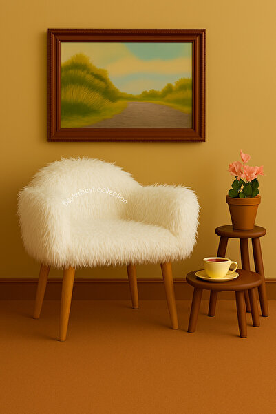 BEYLERBEYİ Makyaj masası pufu, kar beyazı uzun tüylü peluş kumaş,dekoratif puf , sırtlı puf, mini koltuk,berjer