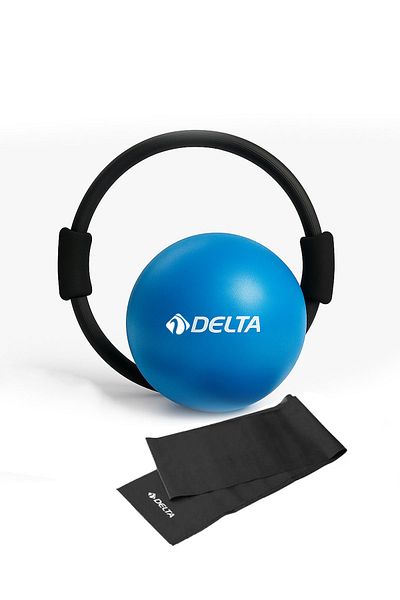 Delta Set Pilates din 3 piese – Cerc negru + Bandă neagră 120x15 cm + Minge de echilibru albastră 20 cm