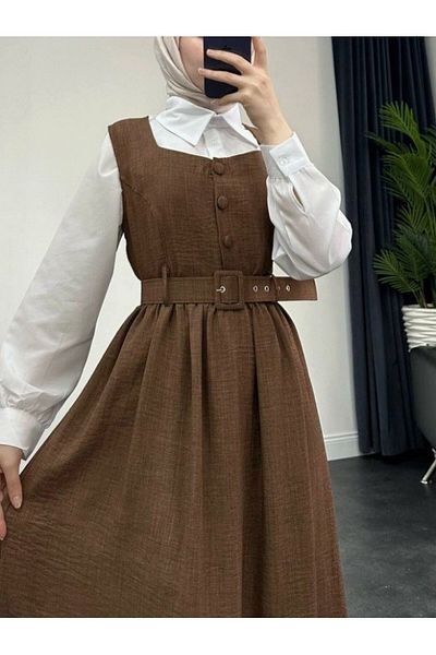 Modamorfo Top Buttoned Bottom Ruffled Waist Belted Gilet Dress-Brown