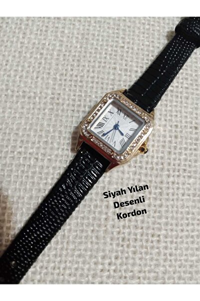 QUARTZ Vintage Square Mini Black Color Cord with Roman Numerals Women Wrist W...