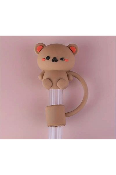 elamindunyasi 1.18 Liter Thermos Teddy Bear Figure Silicone Straw Head Accessory, Brown