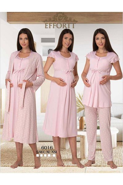 EM&FA TEKSTİL Pregnant Maternity 3-Piece Dressing Gown Nightgown Pajama Set
