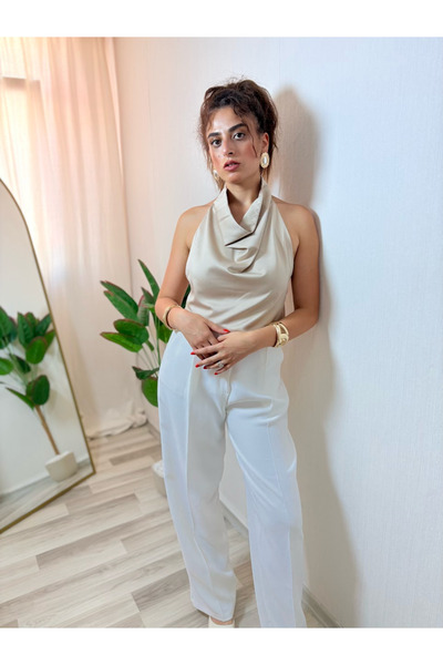 Misun butik TAŞ RENGİ DEGAJE YAKA BLUZ