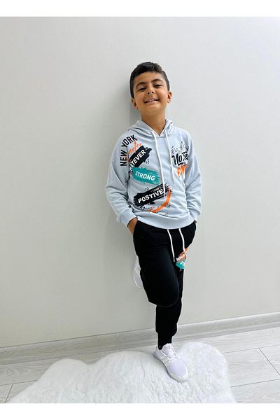 herkesemoda Whatever Strong Text Detail Printed Unsharded Hooded 3 Thread Boy's Suit