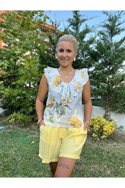 DERYA ŞENER BUTİK Sarı Şifon Fırfırlı Bluz