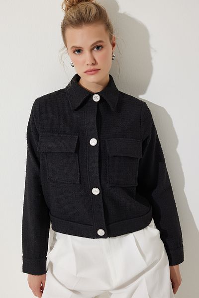 Lovelyİstanbul Jachetă elegantă din tweed țesut cu buzunare cu nasturi LWF0045 NEGRU