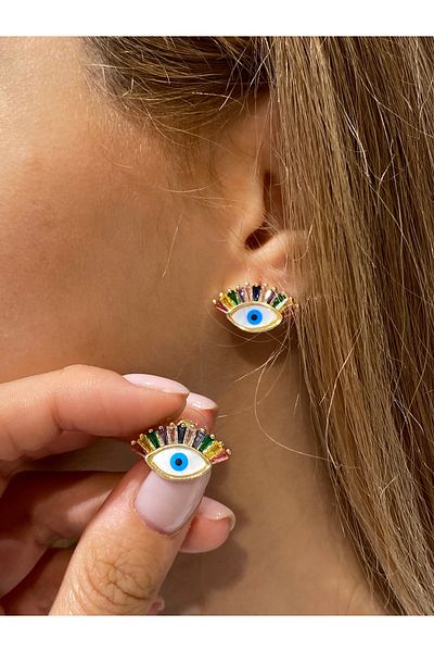 Accessories Hey Golden Yellow Rainbow Shaped Eye Detailed Shiny Stylish Daily Use Women's Earrings