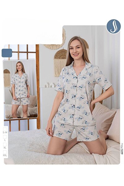 İpek Women's Short Sleeve Front Button 100% Cotton Shorts Pajamas Set