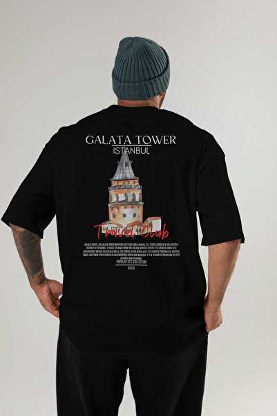 Ankhises Tricou oversize cu imprimeu pe spate Turnul Galata Istanbul Bărbați Femei Tricou din bumbac cu decolteu