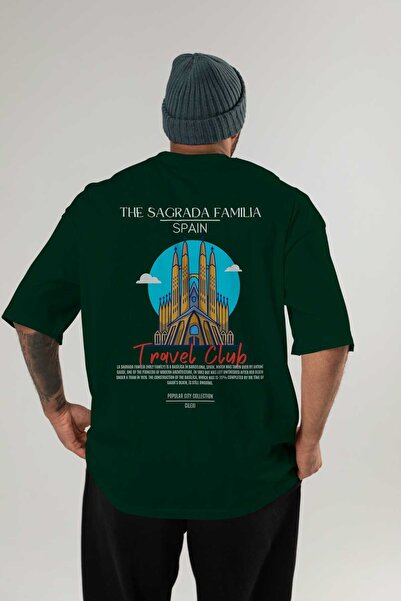 Ankhises Tricou oversize cu imprimeu pe spate Sagrada Familia Spania Bărbați Femei Tricou din bumbac cu decolteu