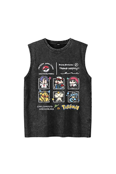 weywot Πόκεμον Μπλουζάκι Με Κουμπί Crew Neck Πλενόμενο Vintage Unisex Oversize