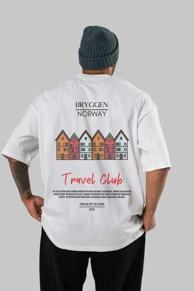 Ankhises Tricou Bryggen Norvegia cu imprimeu pe spate, alb, supradimensionat,...