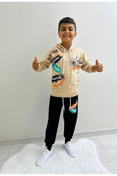herkesemoda Whatever Strong Text Detail Printed Unsharded Hooded 3 Thread Boy's Suit