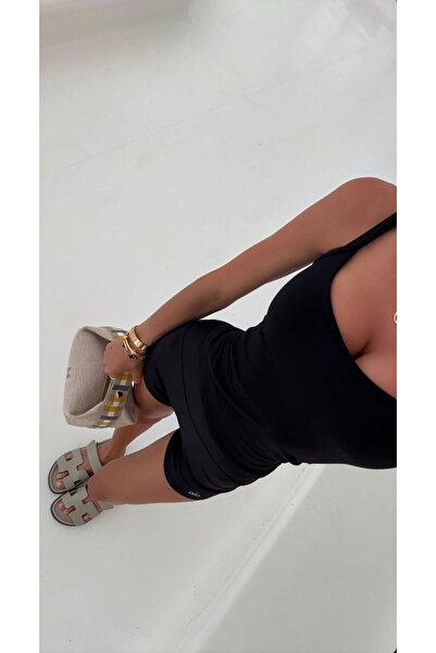 HEREN BUTİK Black Ribbed Look Basic Tank Top with Straps