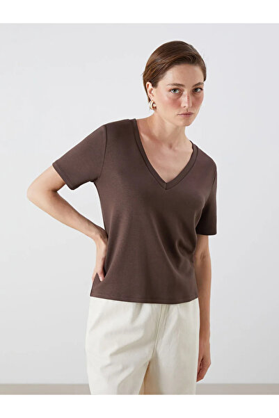 LC Waikiki Lcw Vision Brown V-Neck Women's T-Shirt