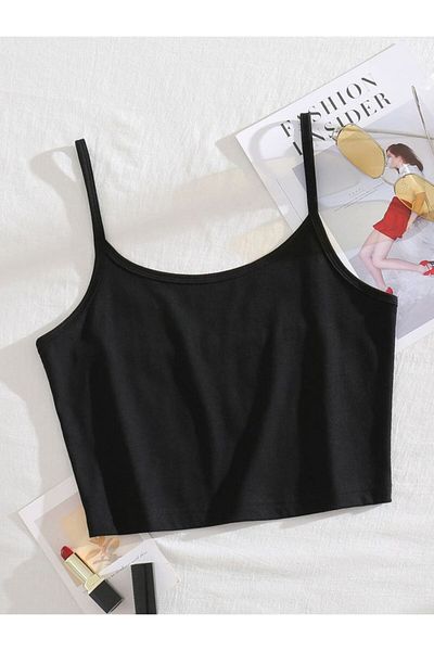 HEREN BUTİK Black Ribbed Look Basic Tank Top with Straps