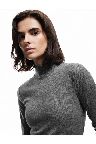 Koton Slim Fit Ruffle Detailed Stand Collar Long Sleeve T-Shirt