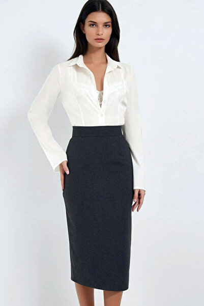 MissKybele Yüksek Belli Fermuar Kapamalı Arkadan Yırtmaçlı Diz Altı Midi Boy Likralı Esnek kalem Etek