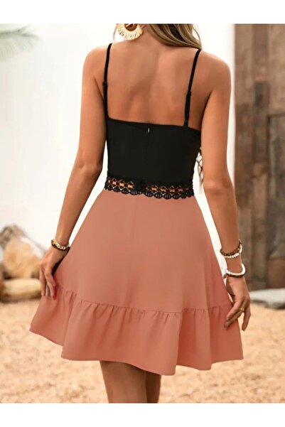 MODA Equri̇ Women's Rope Strap Double Breasted Collar Waist Lace Imported Crepe Dress