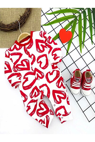 Baby Dolap 3-6-9-12 Months Pastal Heart Printed Long Sleeve Baby Girl and Boy Jumpsuit