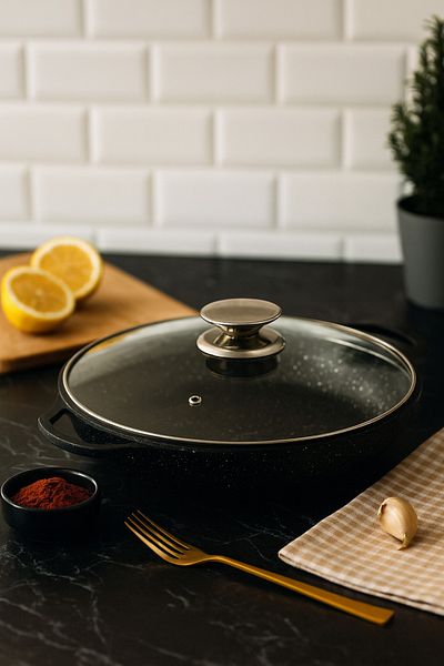FİTHOME 32 cm Cast Glass Lid Sheet Roasting Pan Fireproof Non-Stick