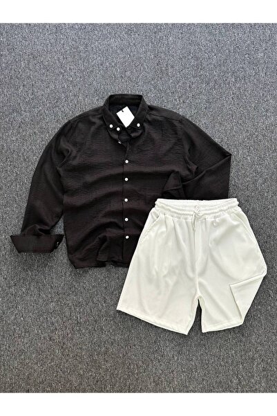 tetramoda Crinkle Linen Regular Fit Shirt and Ottoman Shorts Set of 2