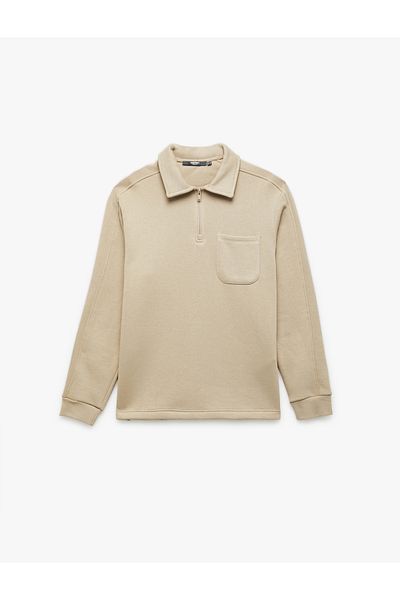 Koton Raised Pocket Detailed Long Sleeve Half Zip Polo Neck Sweatshirt