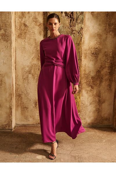 Kayra Stylish Dress with Waist Detail Purple
