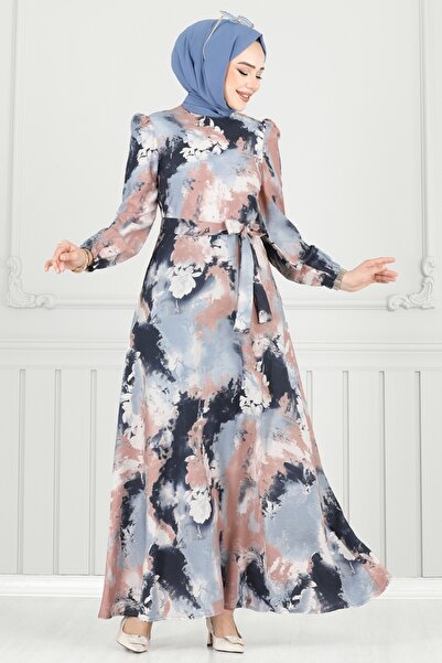 ModaMerve Manşeti Lastikli Desenli Elbise 9034S324-MS Laci