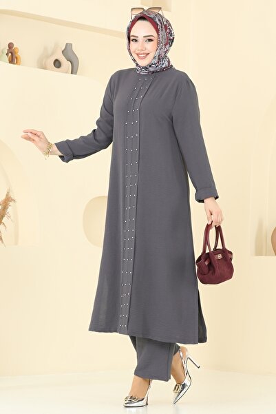 ModaMerve Önü İncili Tesettür Takım 3101HBS856-MS Antrasit