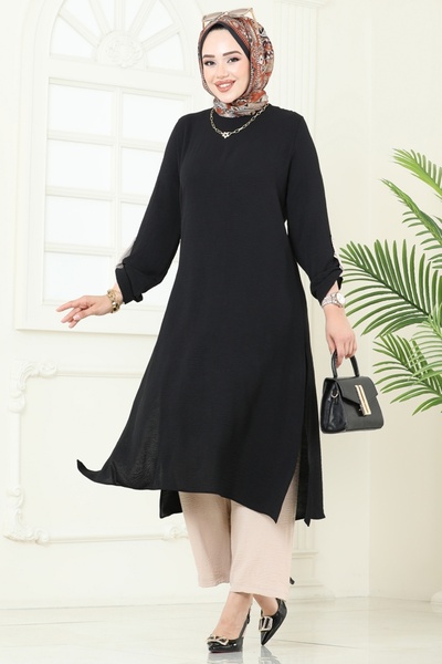 ModaMerve Yandan Yırtmaçlı Tesettür Takım 1994FON792-MS Siyah